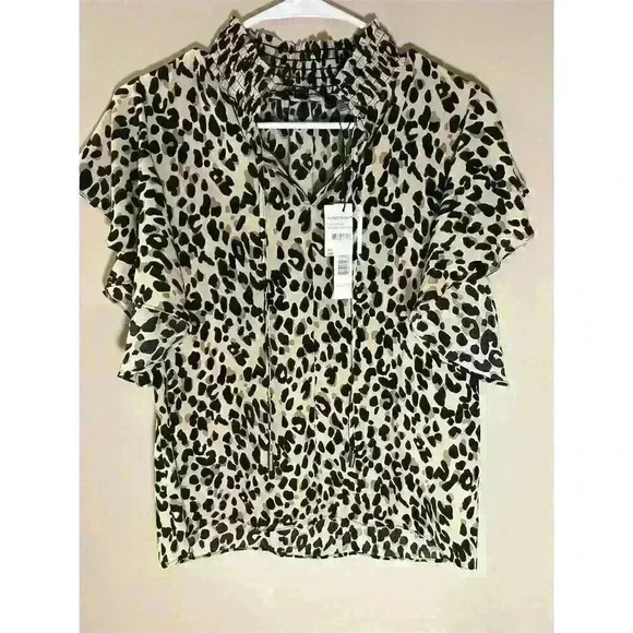 T Tahari Women's Desert Cheetah Print Blouse XS Short Sleeve Ruffled Neck Casual - Picture 1 of 12